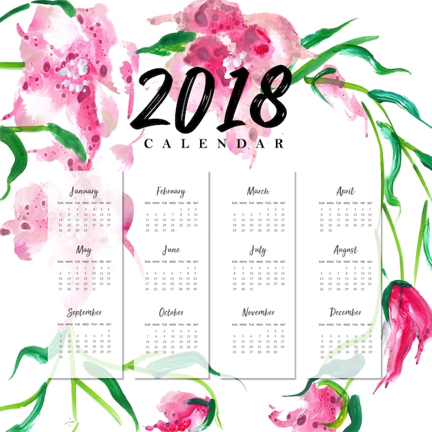 Aquarell-blumenkalender des neuen jahr-2018