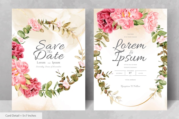 Aquarell Blumenkranz Hochzeitseinladung Kartenvorlage mit realistischen Blumen und Blättern