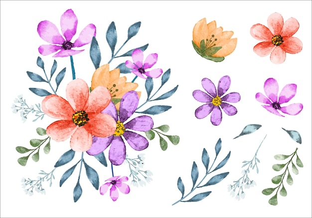 Aquarell-blumenstrauß mit isolierten blättern für blumenrand und einladungskarte