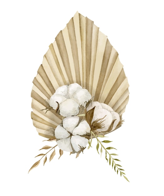 Aquarell böhmischer Blumenstrauß mit tropischem getrocknetem Palmblatt und weißen Baumwollblumen Handgezeichnete Illustration im Boho-Stil auf isoliertem Hintergrund in beigen Farben Zeichnung für Hochzeitseinladungen