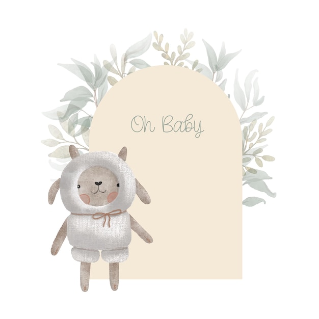 Aquarell-Bogen-Baby-Dusche-Karte mit grünen Blättern und Plüschtier-Schafen Handgezeichnete Cliparts