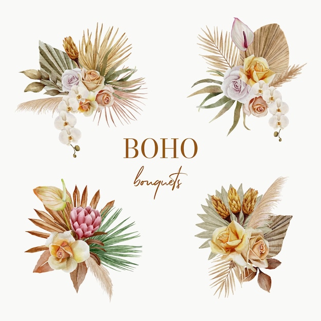 Aquarell boho blumensträuße gesetzt