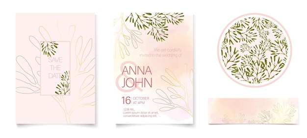 Aquarell botanische Blätter Blumen grüner Pfirsich und rosa Pastellfarbe für Hochzeitseinladungsvorlage