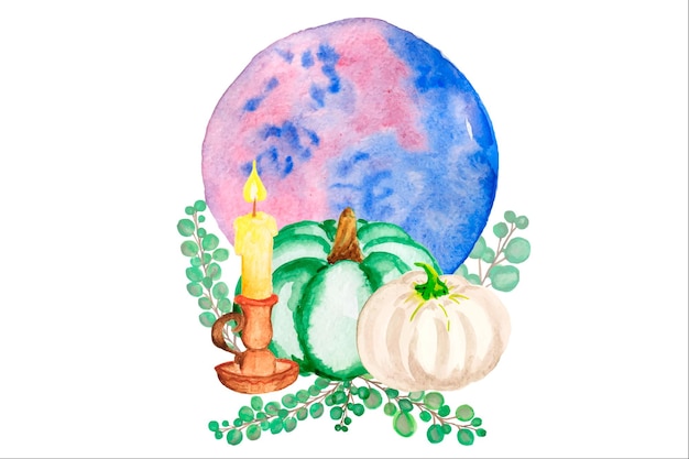 Aquarell-clipart-kürbis, kerze, baumblätter. herbstabbildung.