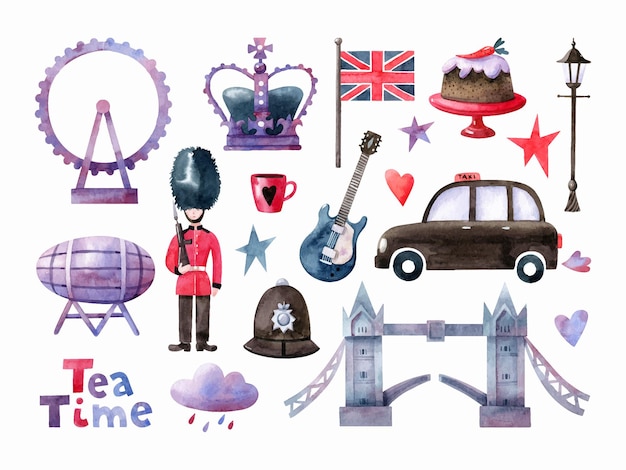 Vektor aquarell-clipart-set mit traditionellen london-symbolen vektor handgezeichnete illustration