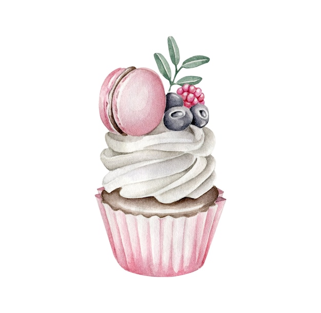 Aquarell Cupcake mit Makronen und Beeren isoliert verziert