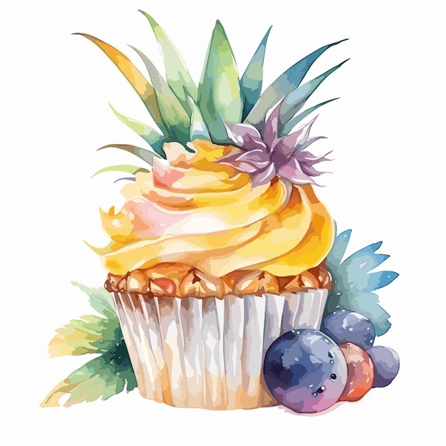 Vektor aquarell-cupcakes, handgezeichnete illustration, ananas-cupcake auf weiß