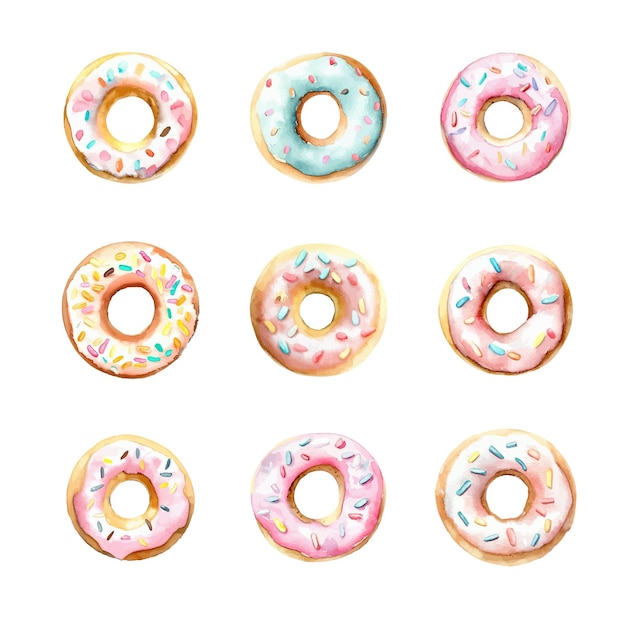 Aquarell-donuts, isolierte auf weißem hintergrund, handgezeichnet