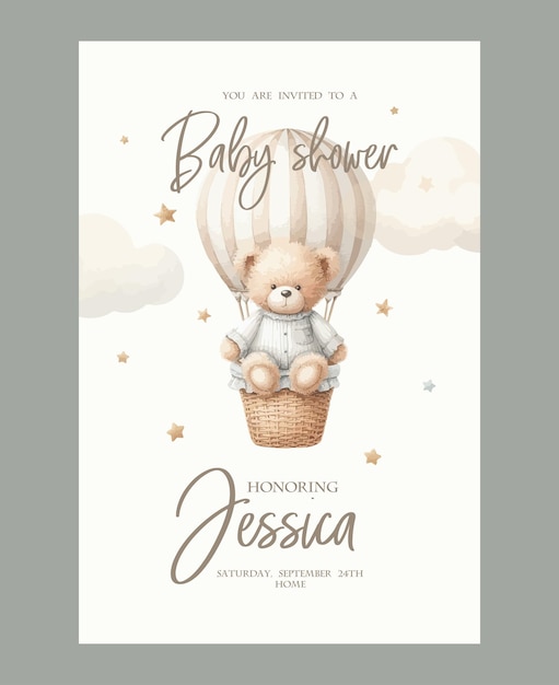 Aquarell Einladung zur Babyshower für Neugeborene Grußkarte mit Teddybären Heißluftballon