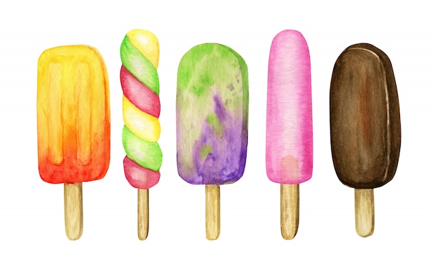 Aquarell eislutscher farbiges set. helle farbe fruchtige sammlung von gefrorenem eis am stiel. schokolade, bluebery, kiwi, kirsche, banane. sommerkonzept. eiscreme isolierte illustration