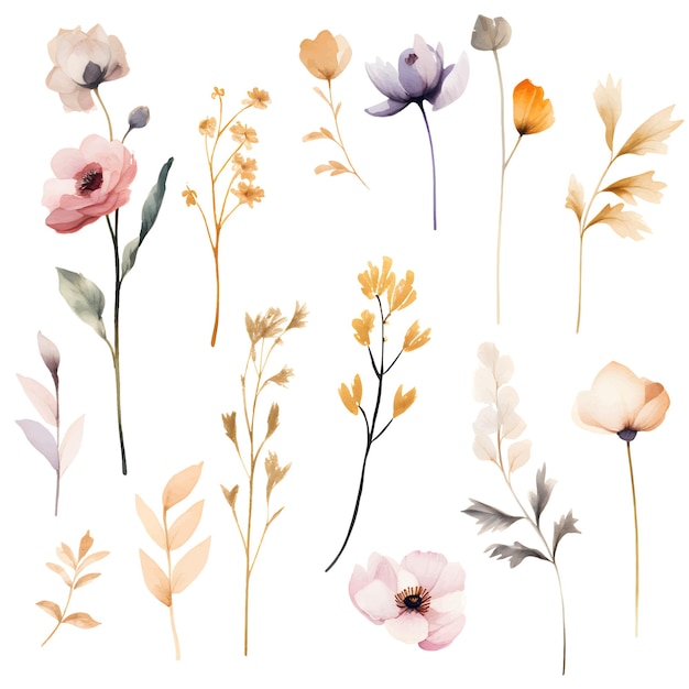 Vektor aquarell-flora, getrocknete blumen, wildblumen, mohnblumen-set