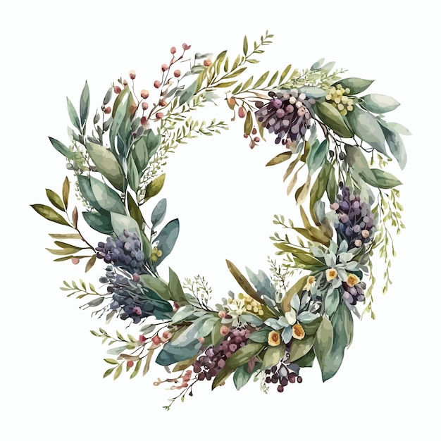 Aquarell floral Illustration Kranz mit Oliven und Blumen Vorlage für dekorative Elemente Flache Cartoon-Illustration isoliert auf weißem Hintergrund