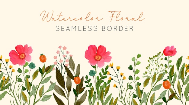 Aquarell Floral Seamless Border Red PInk Anemone und Wildflowers Yellow