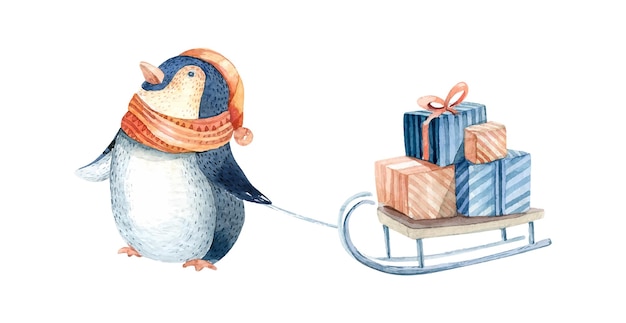 Vektor aquarell frohe weihnachten charakter pinguin winter cartoon niedlich lustiges tier schnee urlaub weihnachtsgeschenk