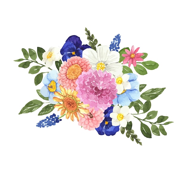 Aquarell Frühlingsblumenstrauß mit bunten Blumen