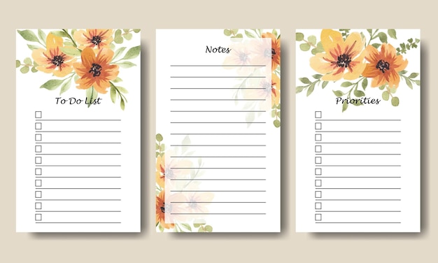 Vektor aquarell gelbe blumen notizen to do list templatepolosan todolist 3