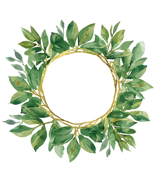 Aquarell grüner Blattkranz mit goldenem Kreis auf weißem Hintergrund