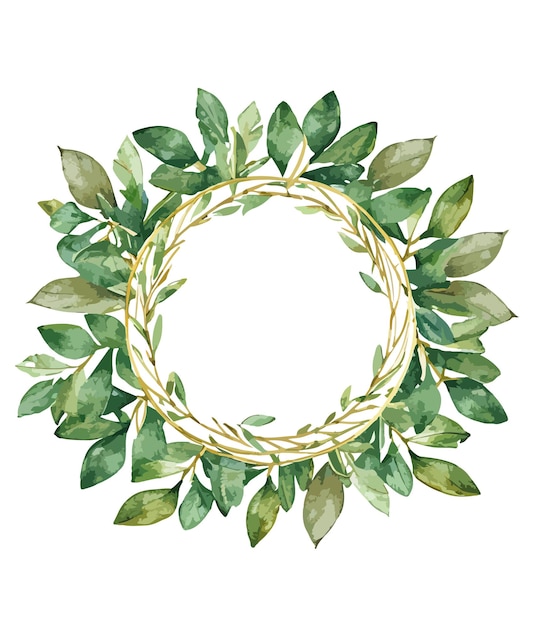 Aquarell grüner Blattkranz mit goldenem Kreis auf weißem Hintergrund