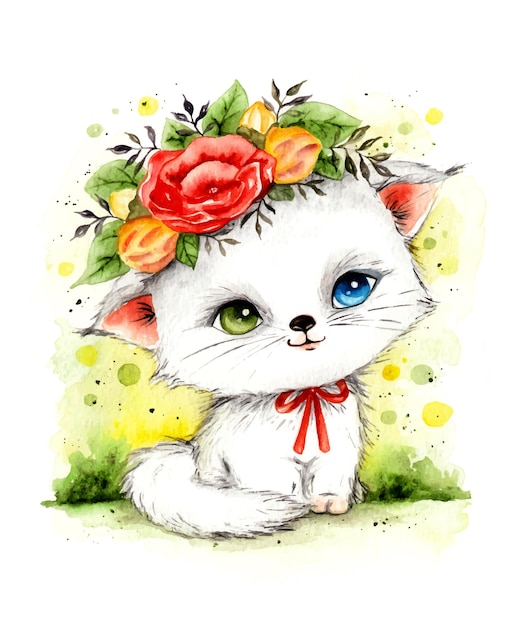 Aquarell Hand zeichnen schöne realistische Katze mit Blumenkranz