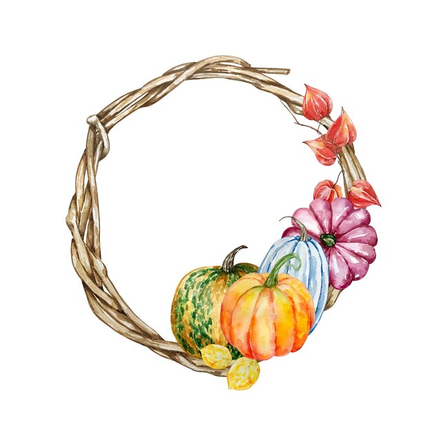 Aquarell handgemalter Herbstzweigkranz. Holzkranz mit bunten Kürbissen, Herbstlaub und Physalis. Herbstillustration für Design und Hintergrund