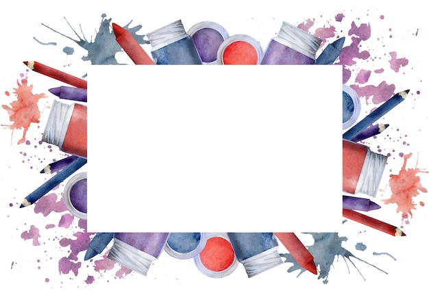 Aquarell handgezeichnete Illustration Kinder Kinder Malmaterialien Vorräte rot blau lila Kunst Schreibwaren Spritzer Horizontaler Rahmen isoliert auf weiß Schule Kindergarten Party Karten Website