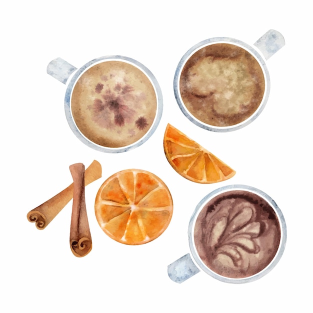 Aquarell handgezeichnete komposition mit cappuccino-porzellan und goldenen kaffeetassen zimtorange isoliert auf weißem hintergrund für einladungen café-restaurant-speisekarte drucken website-karten