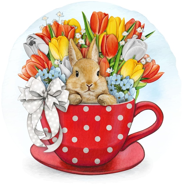 Aquarell handgezeichneter süßer Hase in einer Teetasse