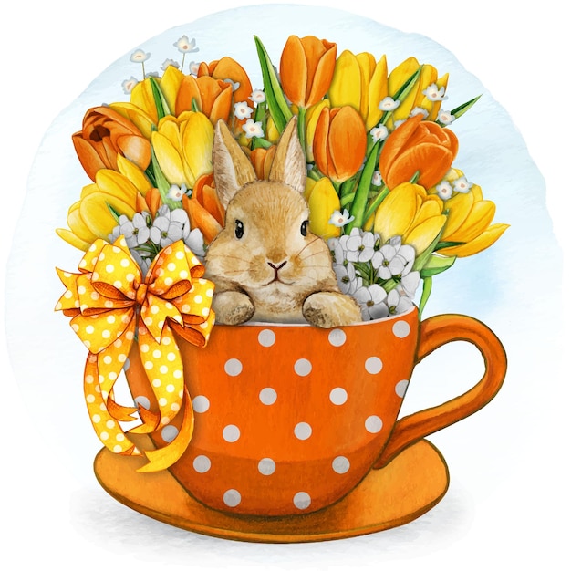 Aquarell handgezeichneter süßer Hase in einer Teetasse