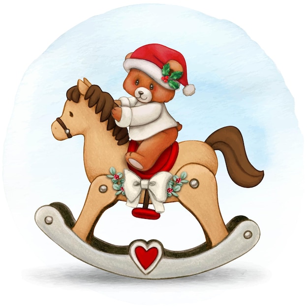 Aquarell-handgezeichneter weihnachtsbär reitet auf einem schaukelpferd