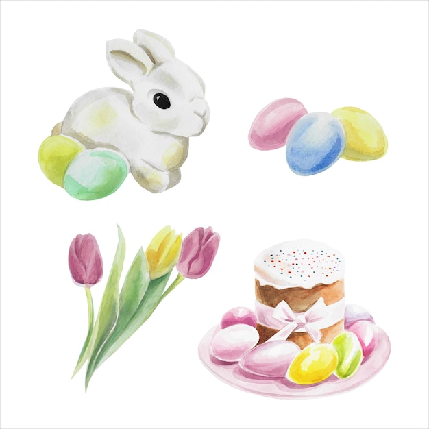 Aquarell handgezeichnetes osterset osterhase tulpen eier kuchen vektor illustration