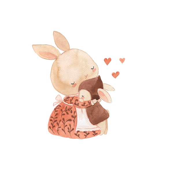 Aquarell-Hase-Mutter und Baby-Illustration für Kinder