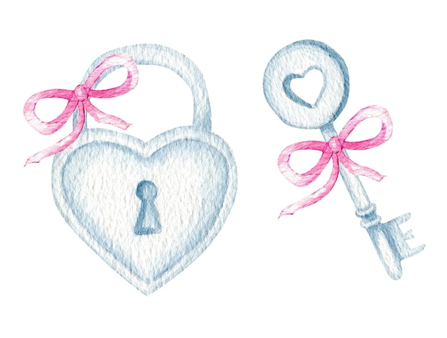 Vektor aquarell herz schlüssel schloss vorhängeschloss mit rosa band schleife romantik liebe valentinstag