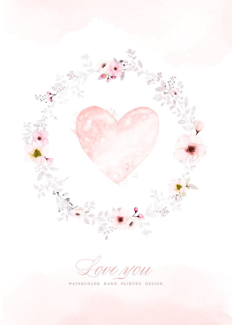 Aquarell herzförmig in einem Kranz aus rosa Blüten und Blättern Handgemaltes Aquarell geeignet für Valentinstag Hochzeitseinladung Save the Date Dankeschön Poster oder Grußkarte
