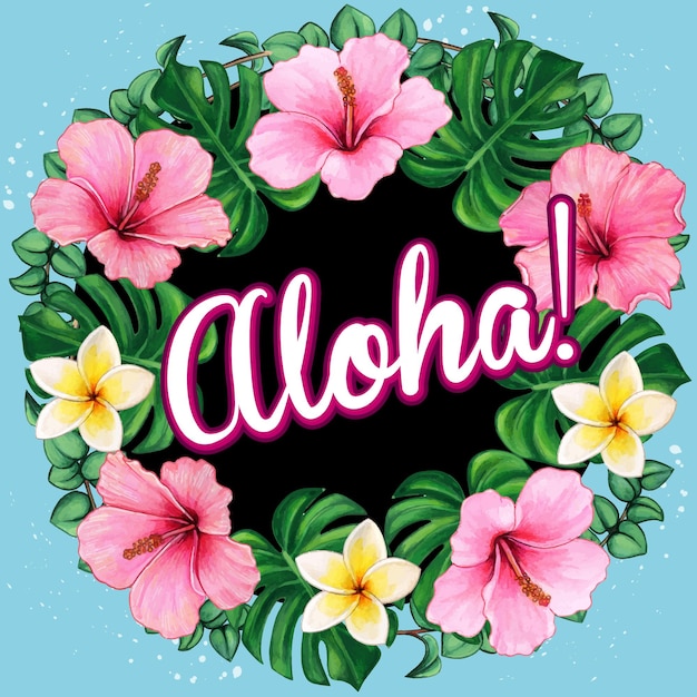 Vektor aquarell-hibiskus-kranz mit aloha-botschaft