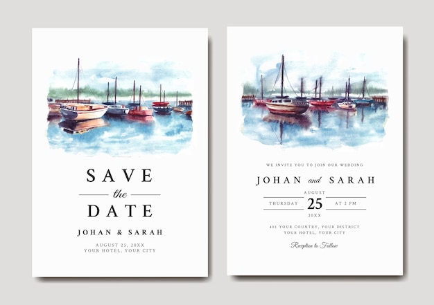 Aquarell-Hochzeitseinladung der Naturlandschaft mit Hafen und Boot