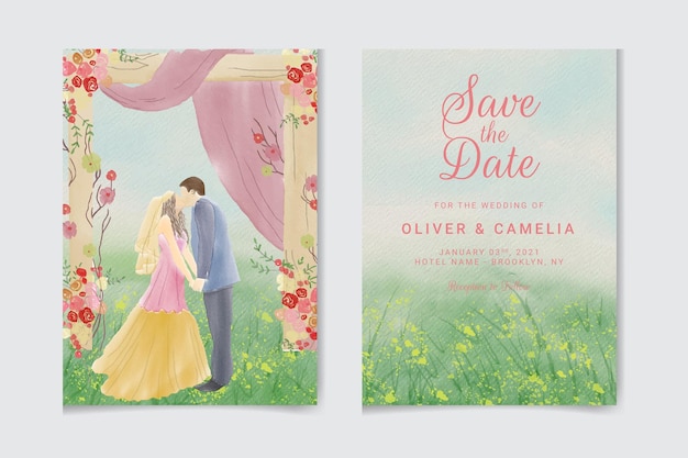 Aquarell-Hochzeitseinladung der Naturlandschaft mit Hochzeitspaar-Toransicht Premium-Vektor