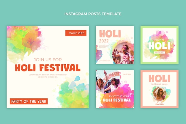 Vektor aquarell holi instagram posts sammlung