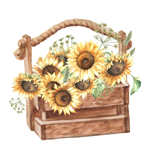 Aquarell holzkiste mit sonnenblumenblumen