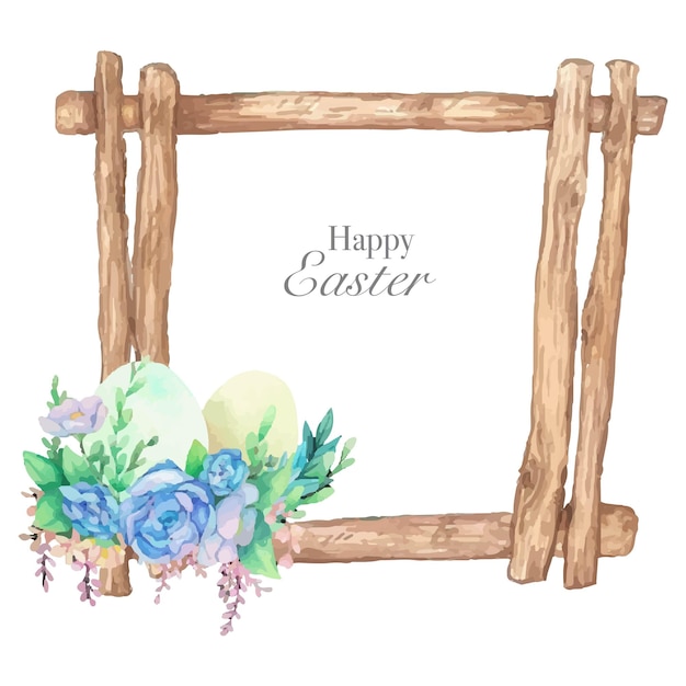 Aquarell-holzrahmen mit frühlings-ostern-dekoration vektor-illustration