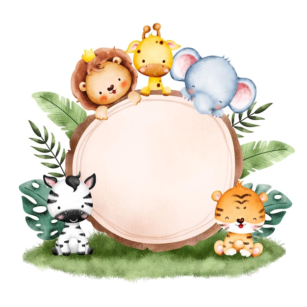 Vektor aquarell-illustration baby-safari-tierrahmen-vorlage