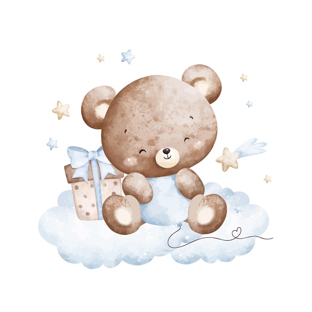 Aquarell-Illustration Baby-Teddy-Bären und blaue Ballons auf Wolken