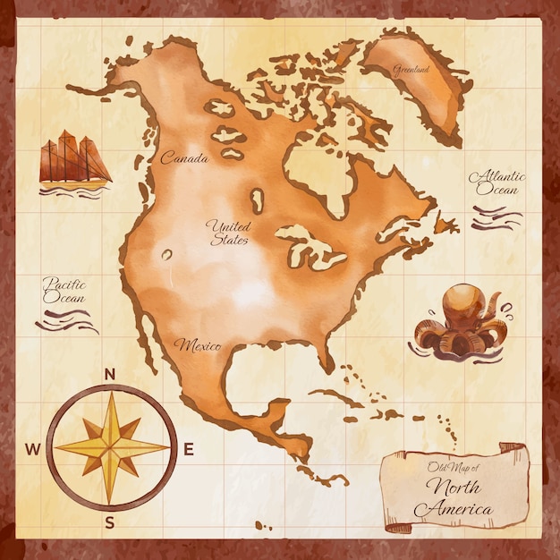 Vektor aquarell-illustration der alten karte von amerika