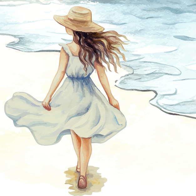 Vektor aquarell-illustration einer frau am strand