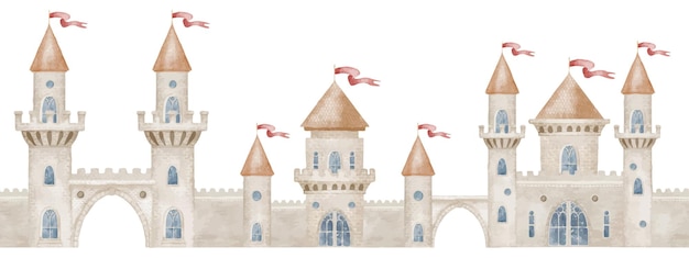 Aquarell-Illustration einer mittelalterlichen Burg mit hohen Türmen, gewölbten Türen und dekorativen Fahnen