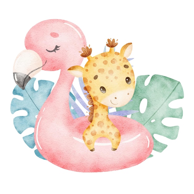 Aquarell-illustration einer niedlichen cartoon-giraffe, die schwimmt niedliche tropische tiere