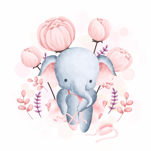 Aquarell-Illustration Elephant Ballerina und Blumenkranz