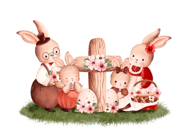 Aquarell-illustration fröhliche ostern-kaninchen-familie