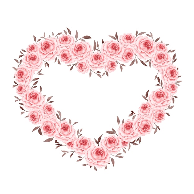 Aquarell-Illustration Herzförmiger Kranz mit rosa Rosen und Blättern