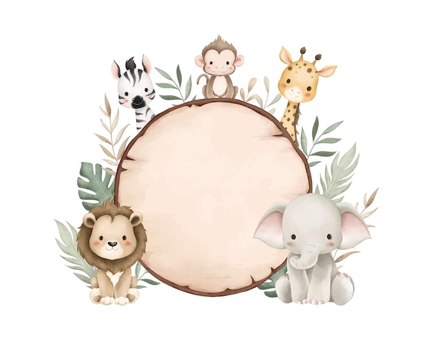 Aquarell-Illustration Safari-Tier und Holztafel