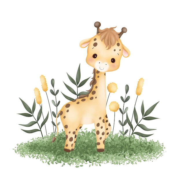 Vektor aquarell-illustration schöne baby-giraffe sitzt auf grünem gras und tropischen blättern